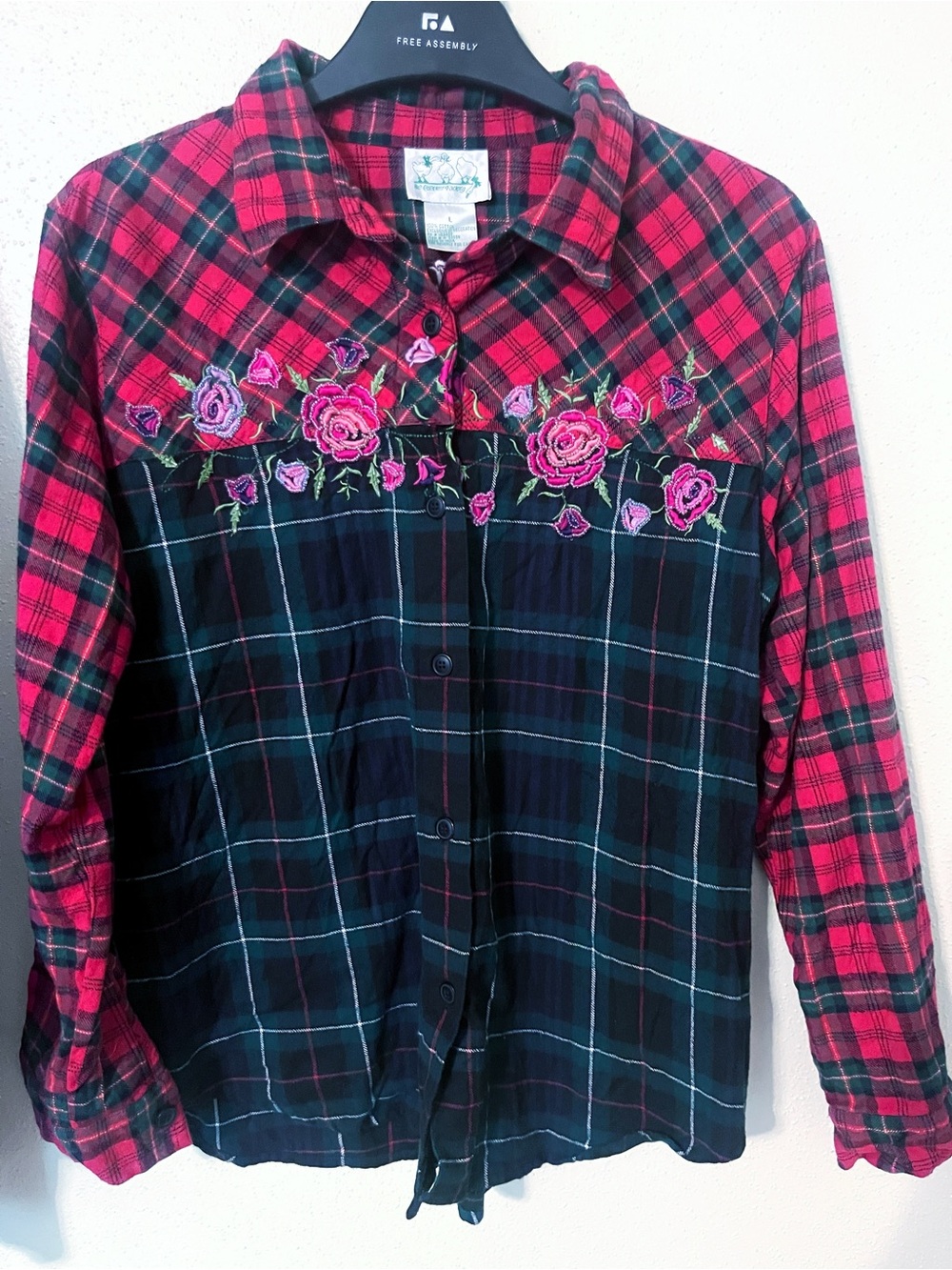 Quacker Factory Vintage Plaid Embroidered Floral Shirt Large 23” p2p